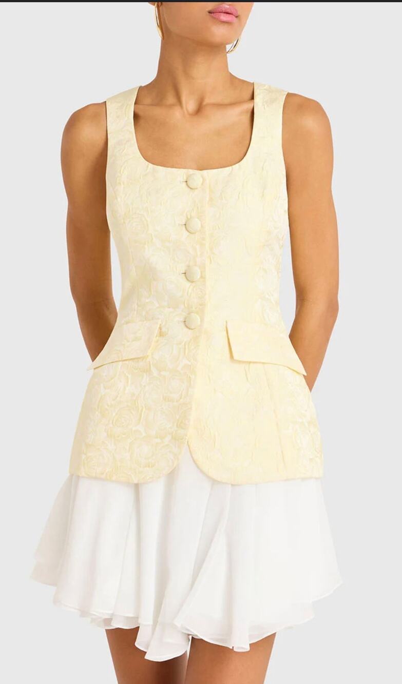 Amanda Uprichard Mini Dress Lilibet Yellow Floral Jacquard Top Chiffon